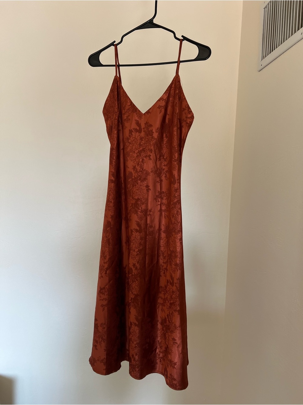 Lulu's Rust Floral Jacquard Slip Midi Dress with Spaghetti Straps
